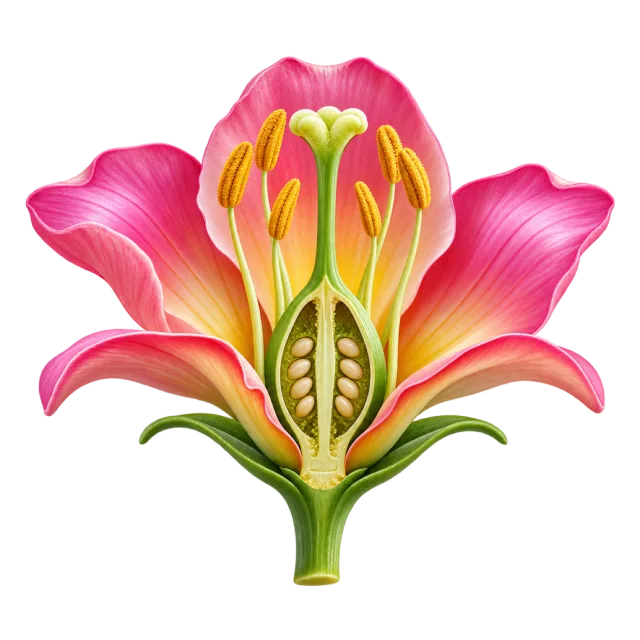 3D-style illustration of cutaway model of a flower with colorful petals