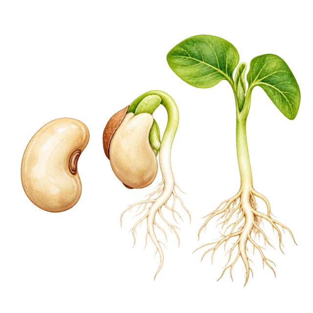 Watercolor-style illustration of bean germination stages model