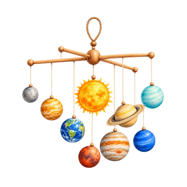 Watercolor-style illustration of solar system hanging mobile