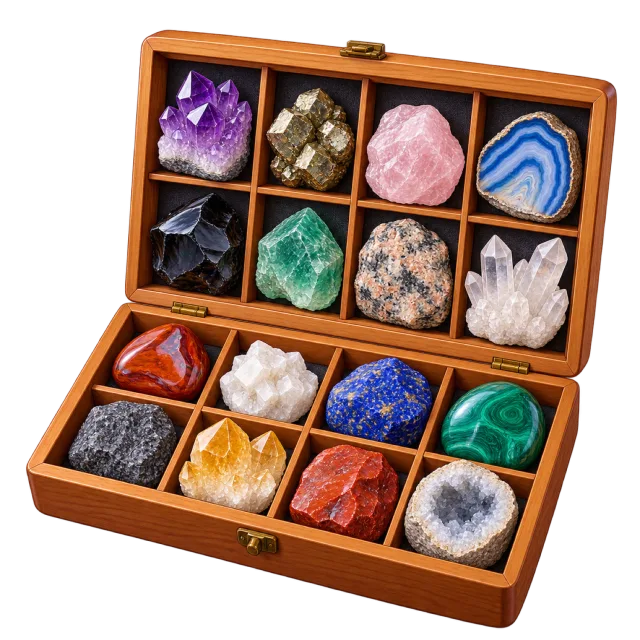3D-style illustration of rock and mineral classroom sample collection