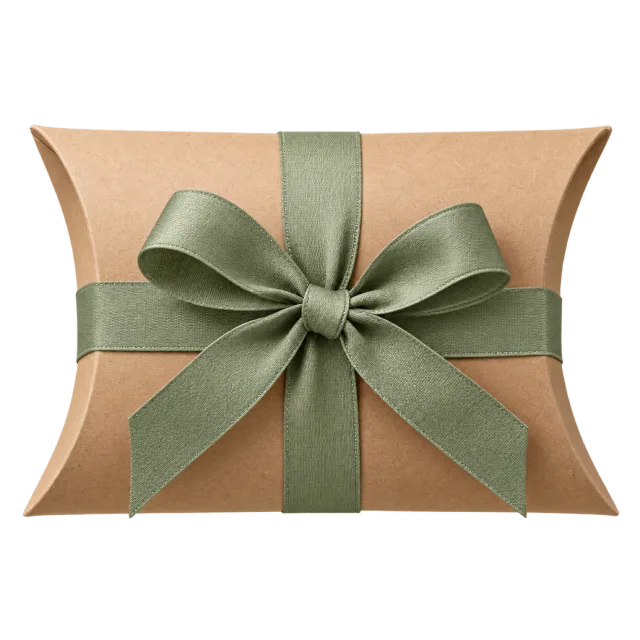 A curved kraft pillow box wrapped with sage green ribbon