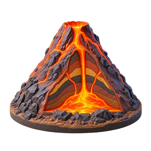 3D-style illustration of volcano model with orange lava