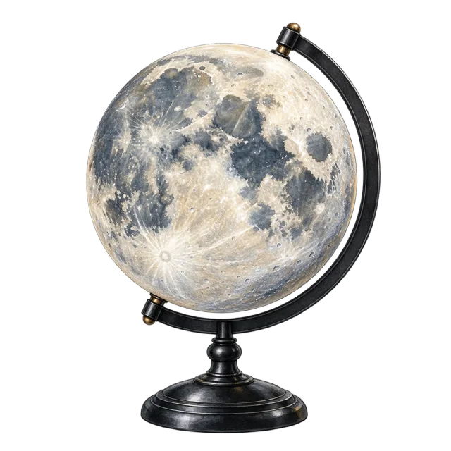 Watercolor-style illustration of moon globe on a black stand