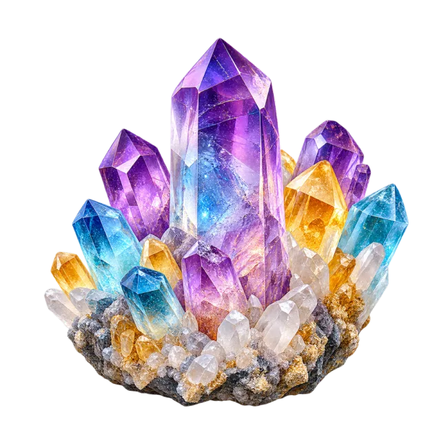 3D-style illustration of multicolored crystal cluster