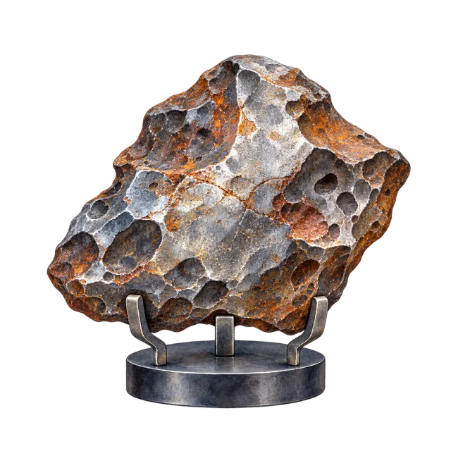 Watercolor-style illustration of meteorite style rock on display stand