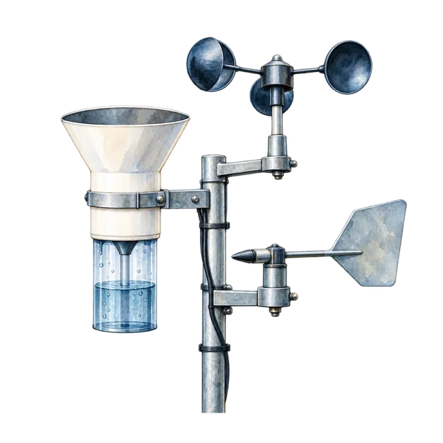 Watercolor-style illustration of weather station instrument with rain gauge and wind cups