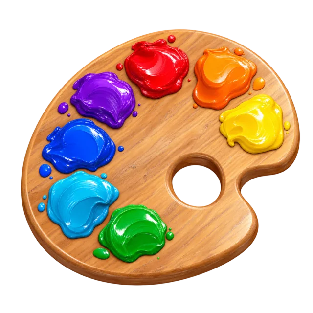 3D-style illustration of wooden artist palette with bright paint daubs