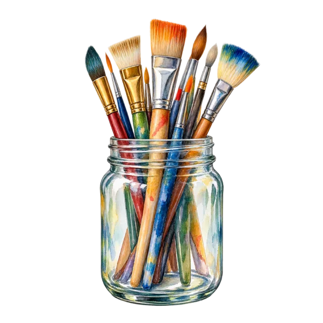 Watercolor-style illustration of jar of assorted paintbrushes