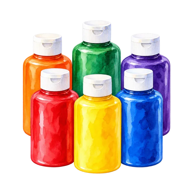 Watercolor-style illustration of six colorful paint bottles