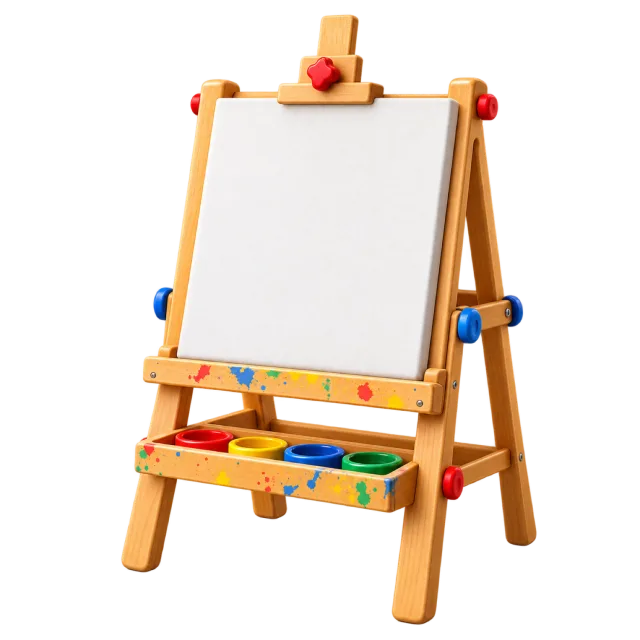 3D-style illustration of wooden art easel with blank canvas