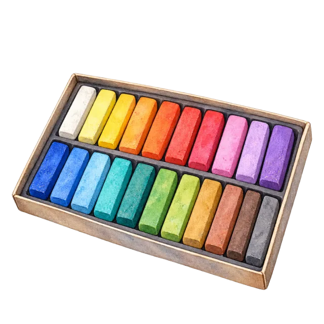 Watercolor-style illustration of pastel sticks in an open tray