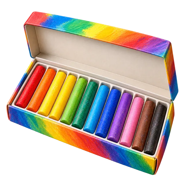 3D-style illustration of oil pastel set in an open box