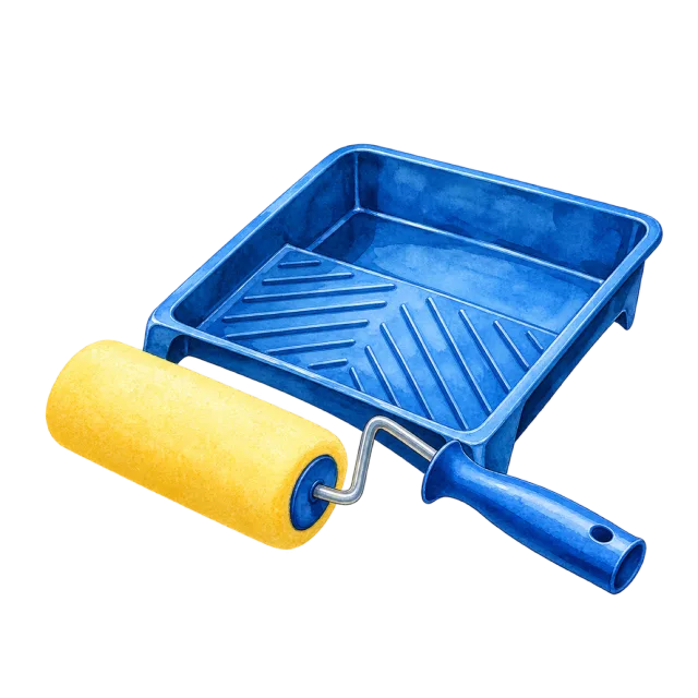 Watercolor-style illustration of foam paint roller beside a paint tray