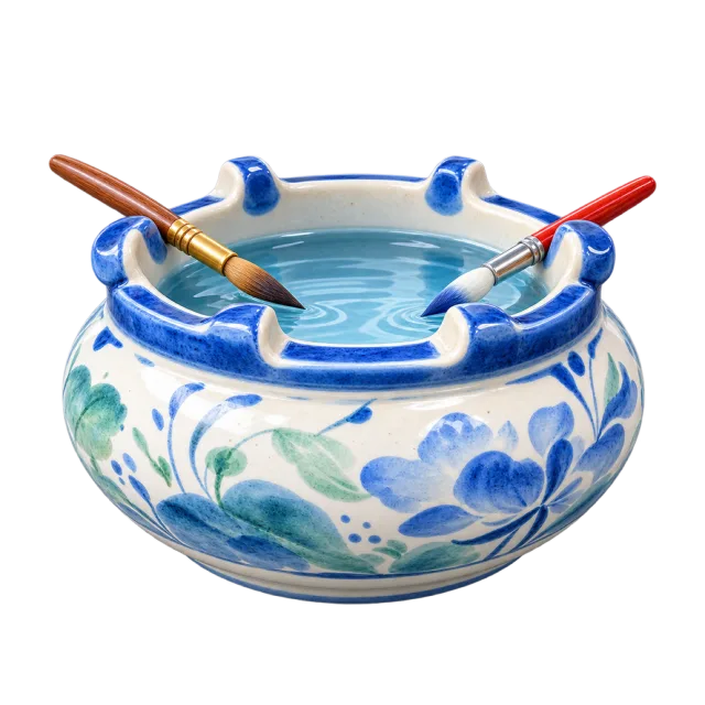 3D-style illustration of ceramic paint water pot with brush rests