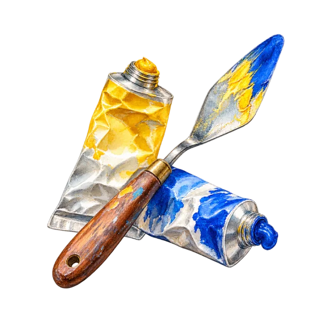 Watercolor-style illustration of palette knife beside two paint tubes