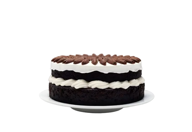 Round dark chocolate cake with thick white cream layers and piped topping on a transparent background