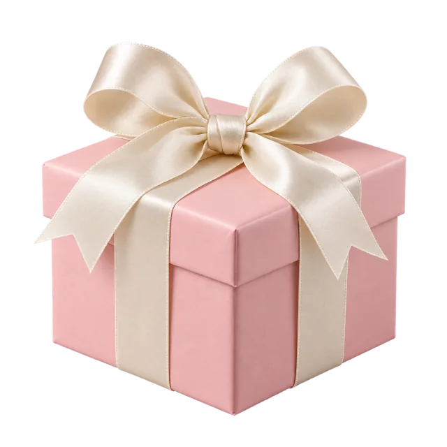 A blush pink square gift box tied with a wide ivory satin ribbon