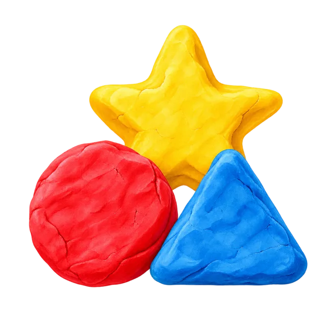 Watercolor-style illustration of play dough shapes including star circle and triangle