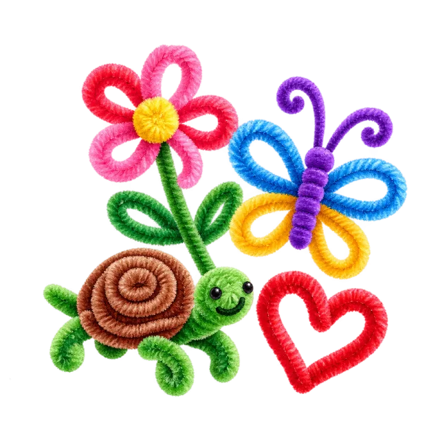 Watercolor-style illustration of chenille pipe cleaners bent into simple shapes