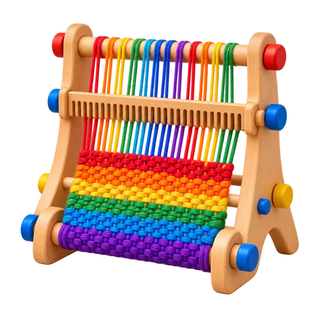 3D-style illustration of wooden weaving loom with colorful yarn