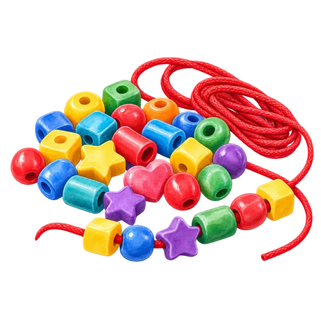 Watercolor-style illustration of plastic beads and a threading cord
