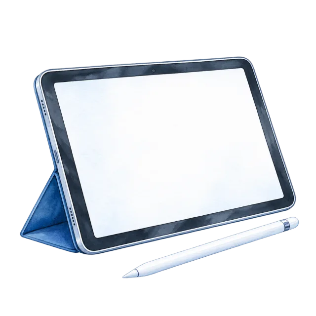 Watercolor-style illustration of classroom tablet with blank screen and stylus