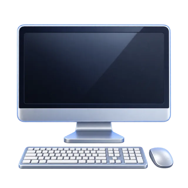 3D-style illustration of desktop computer monitor keyboard and mouse with blank screen