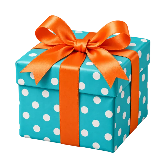 A turquoise present with white polka dots and a bright orange ribbon