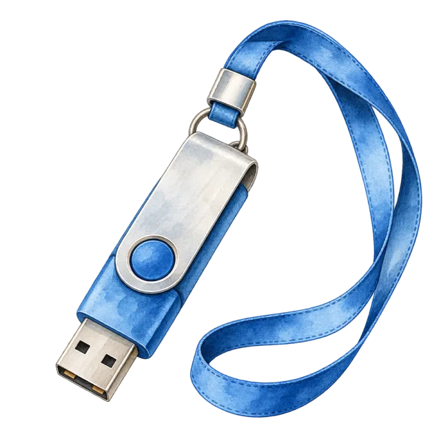 Watercolor-style illustration of usb flash drive on a lanyard