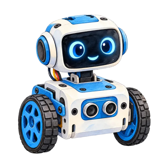 Watercolor-style illustration of educational coding robot with wheels