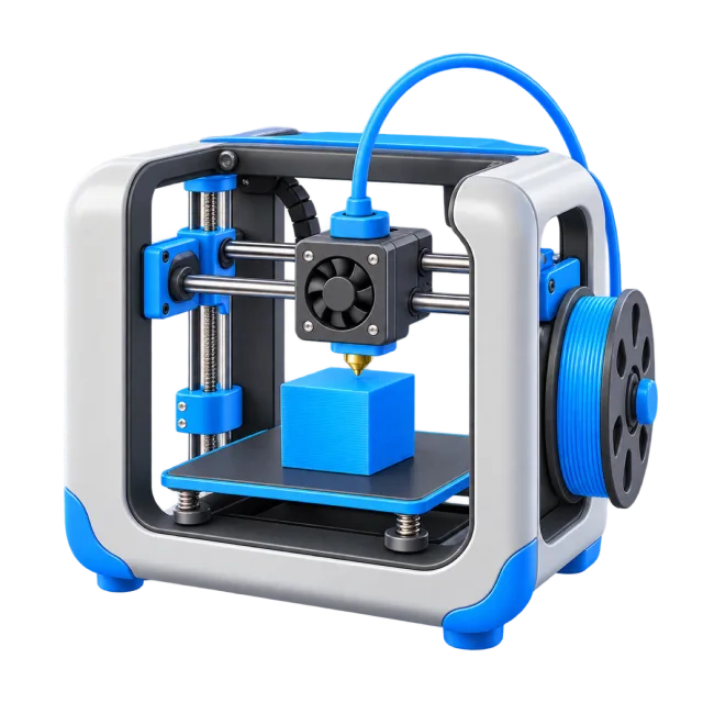 3D-style illustration of small 3d printer with a cube model