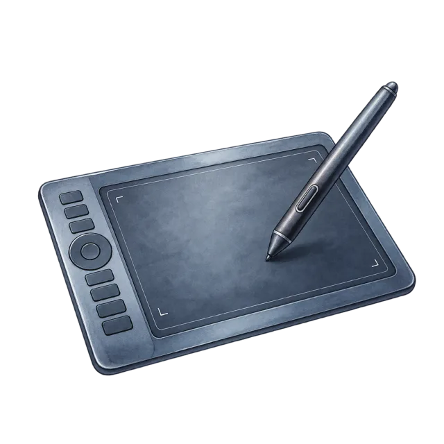 Watercolor-style illustration of digital drawing tablet with stylus