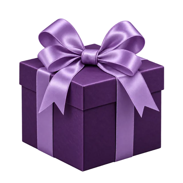 A deep purple square box wrapped with lavender satin ribbon