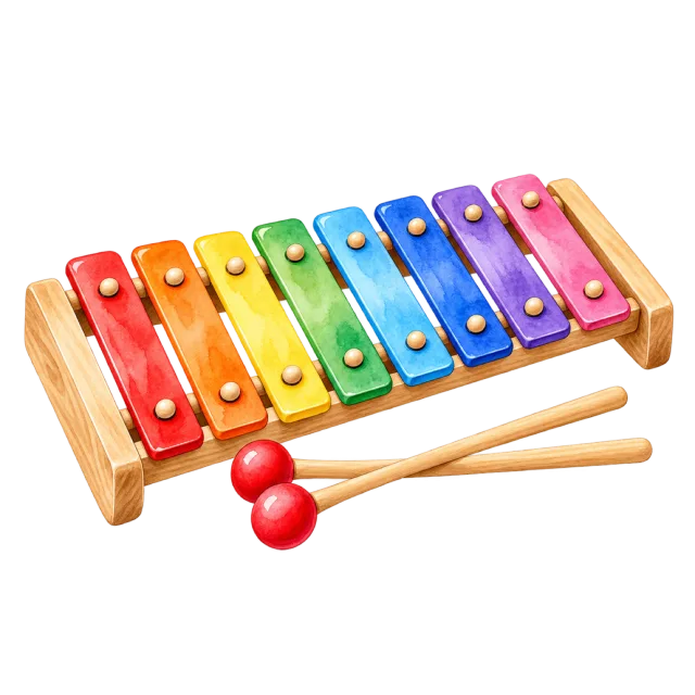 Watercolor-style illustration of colorful xylophone with two mallets