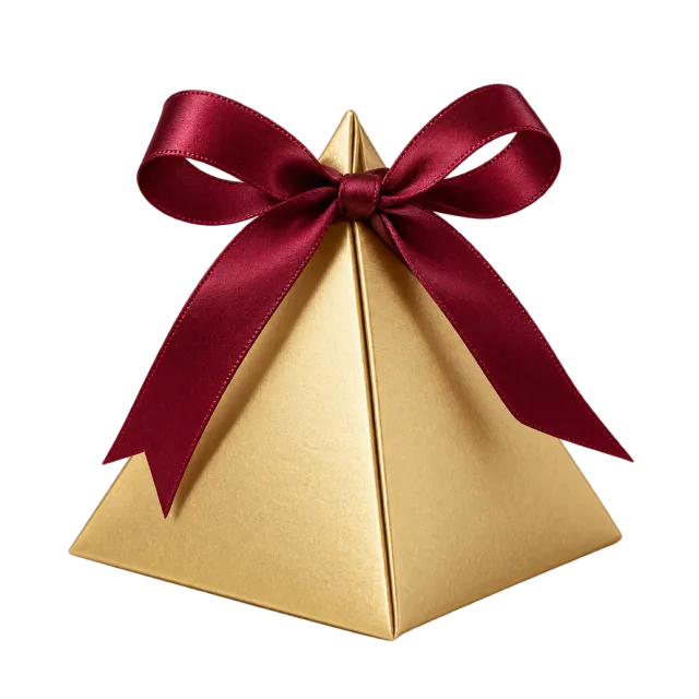 A gold pyramid-shaped box topped with a burgundy ribbon bow