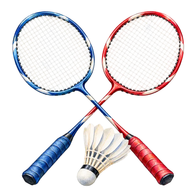 Watercolor-style illustration of pair of badminton rackets and shuttlecock