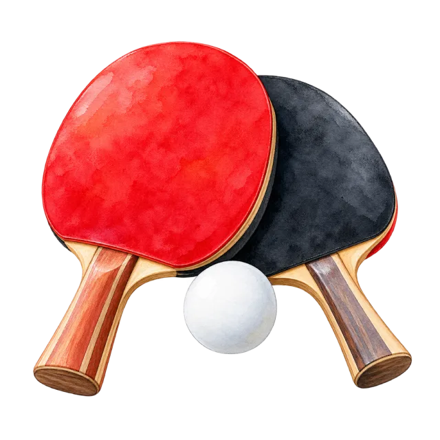 Watercolor-style illustration of pair of table tennis paddles with a white ball