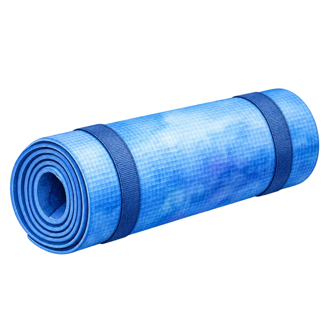 Watercolor-style illustration of rolled blue exercise mat