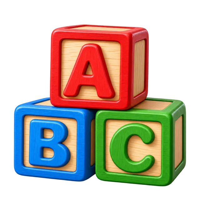3D-style illustration of wooden ABC alphabet blocks