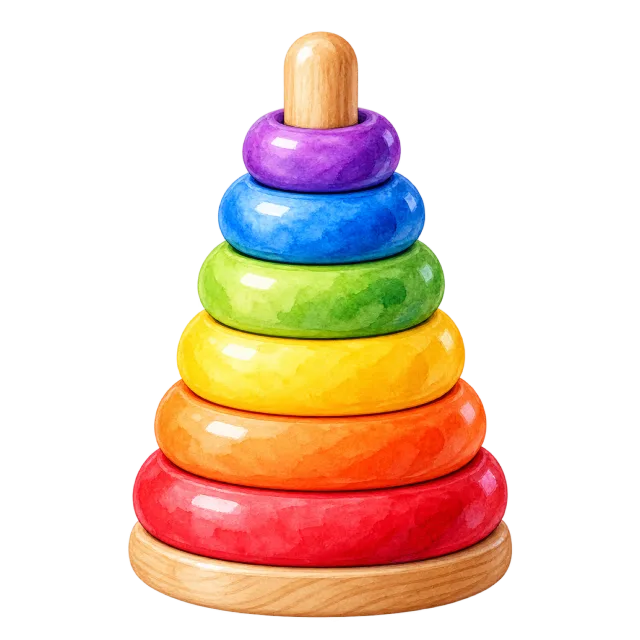 Watercolor-style illustration of rainbow stacking rings toy