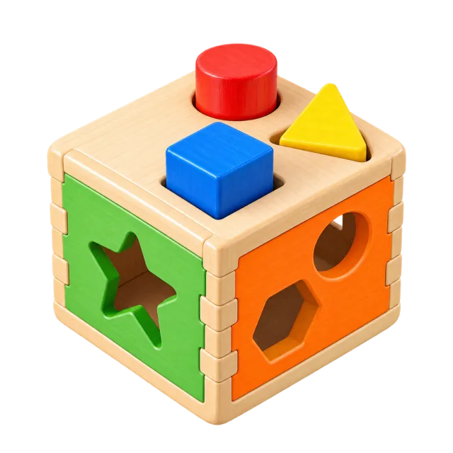 3D-style illustration of wooden shape sorting cube