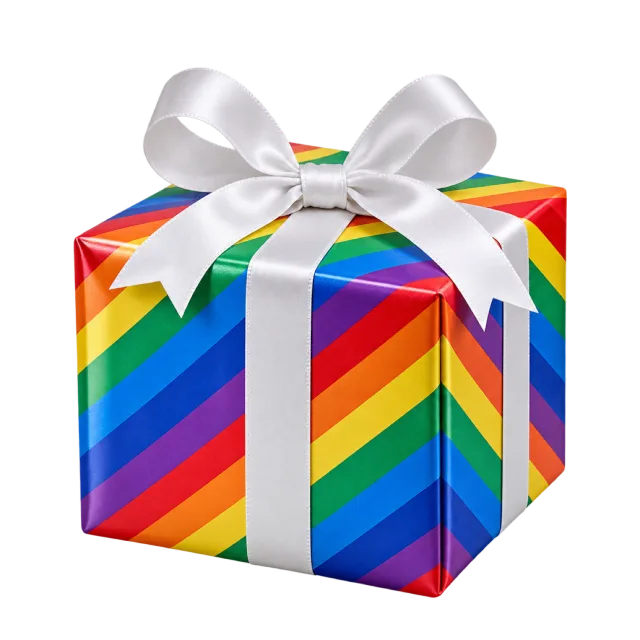 A cube-shaped present with diagonal rainbow stripes and a white satin bow