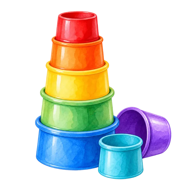 Watercolor-style illustration of colorful nesting cups