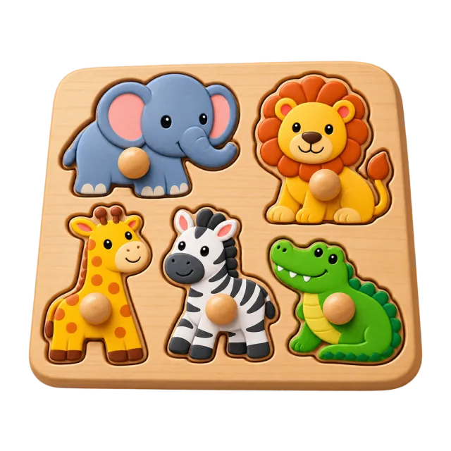 3D-style illustration of wooden peg puzzle with simple animal shapes