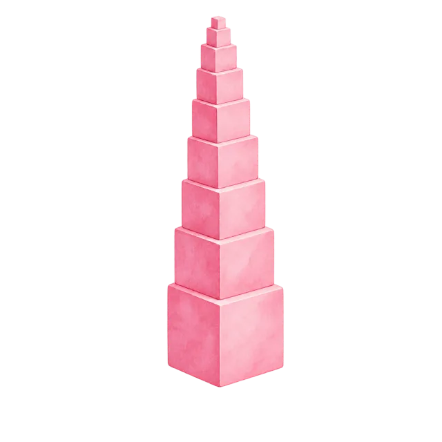 Watercolor-style illustration of montessori pink tower blocks