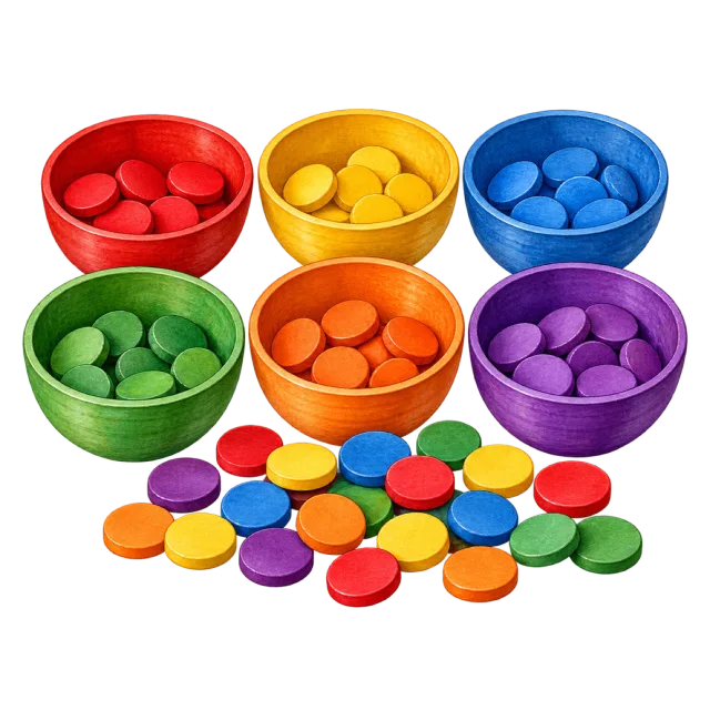Watercolor-style illustration of color matching sorting bowls with counters