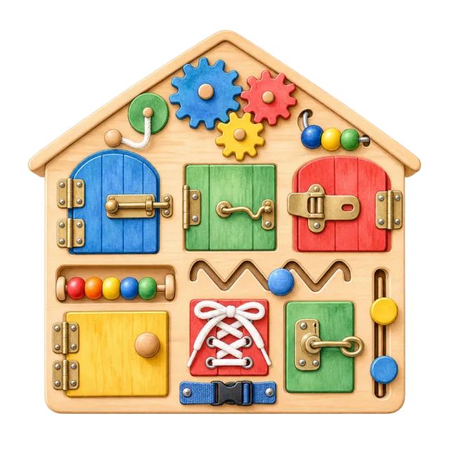 Watercolor-style illustration of sensory activity board with latches and gears