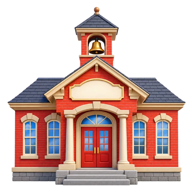 3D-style illustration of small red brick schoolhouse with blank sign