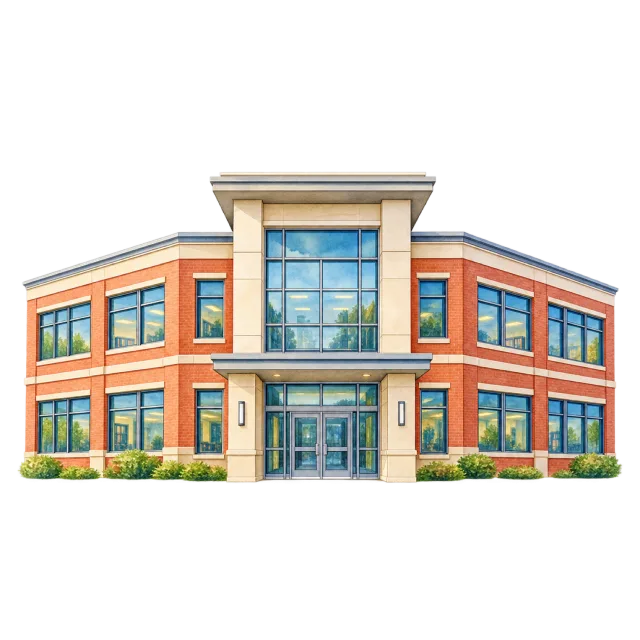 Watercolor-style illustration of modern two story school building