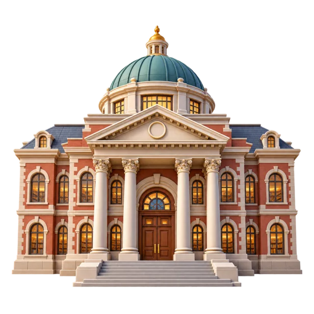 3D-style illustration of university library building with columns